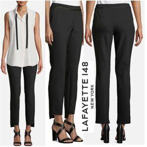 Lafayette 148 NY Manhattan Step Hem Black Pants Satin Trim Stretch Size 2